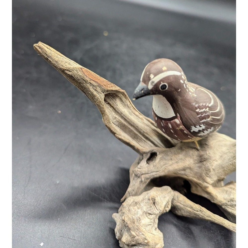 Vintage Hand Carved‎ Wood Wooden Quail Bird Figurine Driftwood Base 4"X6*